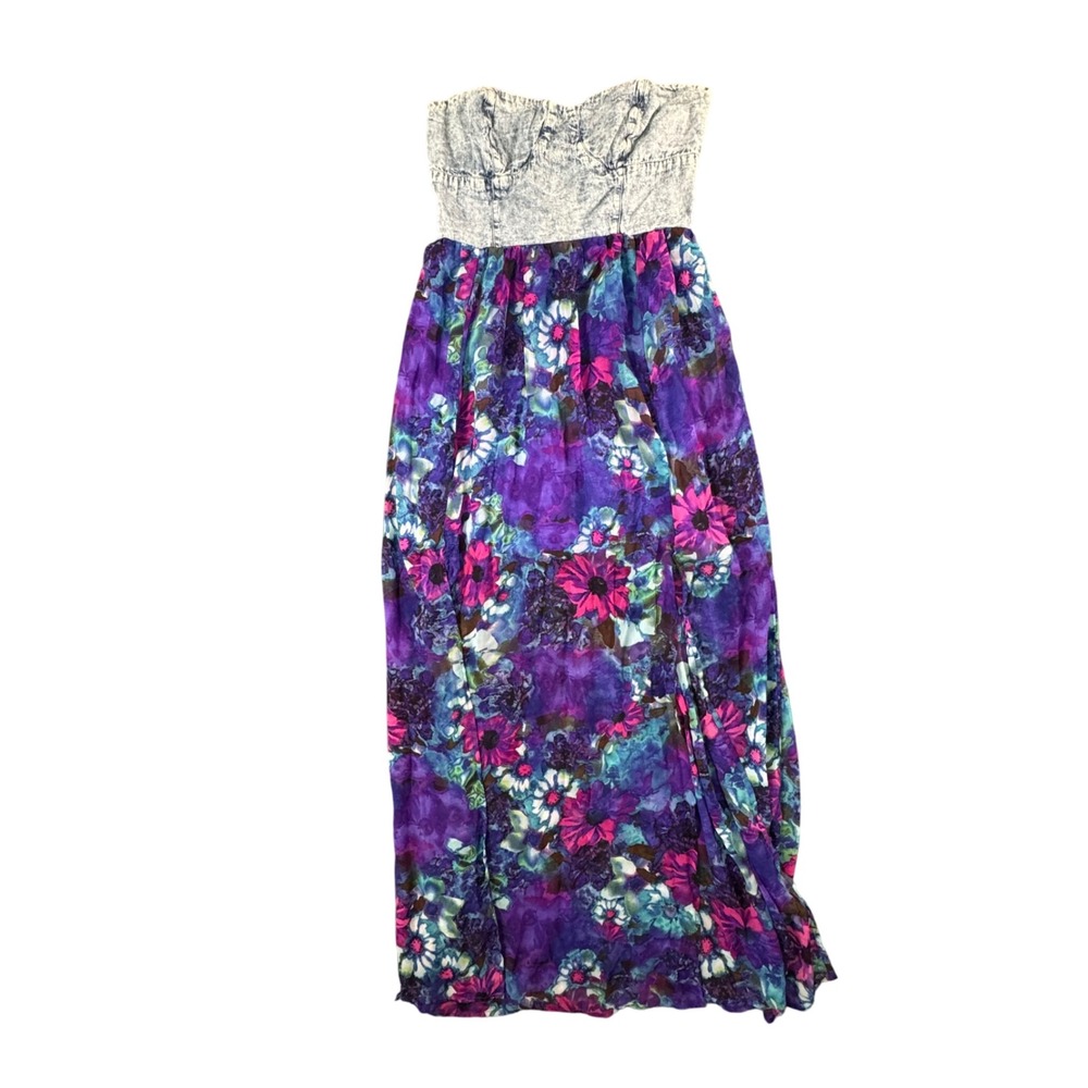 Mimi Chica Strapless Maxi Dress Denim Top‎ Floral Skirt Cottagecore Boho M